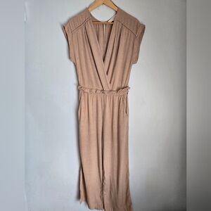 MONTEAU Tan Rayon & Linen Wide Leg Jumpsuit